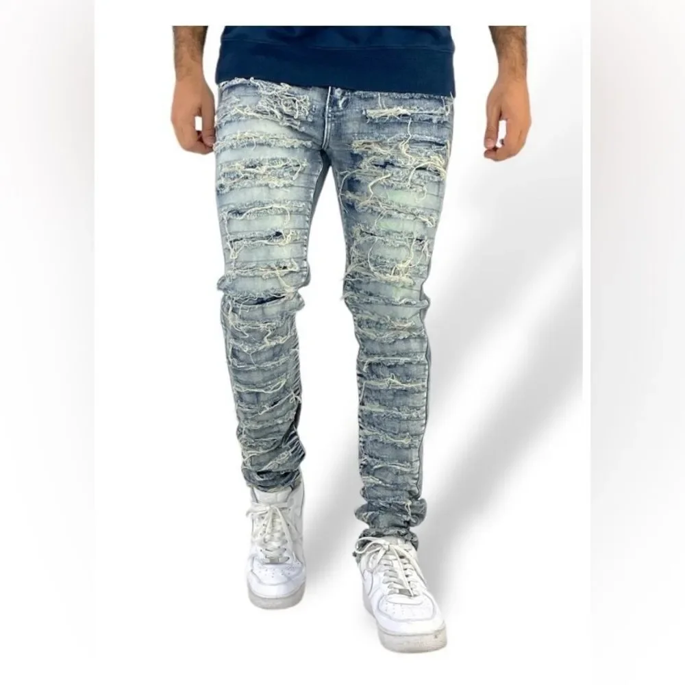 WAIMEA Skinny Fit Ripped Distressed Light Wash Streetwear Jeans 36X32